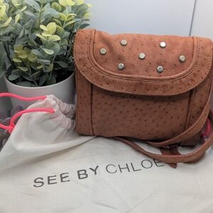 See By Chloe Rust Ostrich Leather Crossbody Bag with Stud Accents